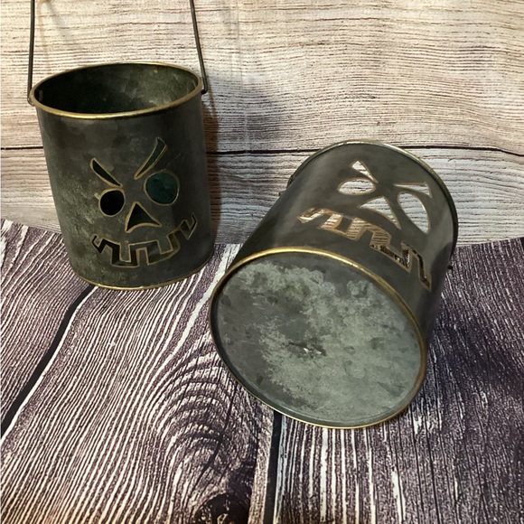 Set 2 Primitive Look Small Metal Buckets, Mean Pumpkin Faces, 4.5” Tall, Decor - Picture 3 of 5